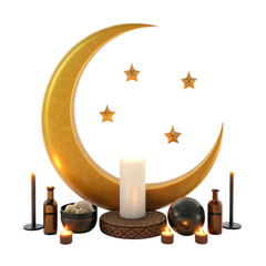witch moon ritual Golden crescent moon surrounded by candles and decorative objects.