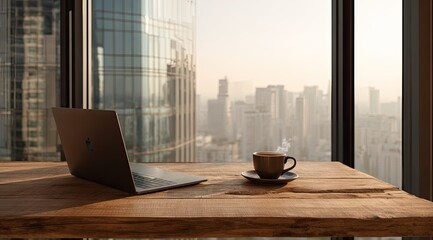 A laptop and steaming coffee cup rest on a wooden desk overlooking a hazy cityscape at sunrise, bathed in warm light
