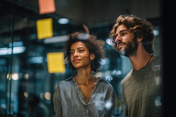Two co founders brainstorming ideas in a coworking space, sticky notes on glass wall.