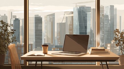 A laptop sits on a minimalist desk overlooking a hazy cityscape at sunrise, accompanied by a coffee cup, books, and plants
