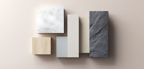 Minimal marble, beech wood, and slate stone aligned on neutral pastel cloth