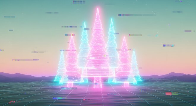 Surreal pastel-toned Christmas trees glowing in neon pink and cyan with glitch overlays, a nostalgic retro mood. Festive concept