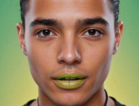 Portrait of young man with green lipstick posing on green background