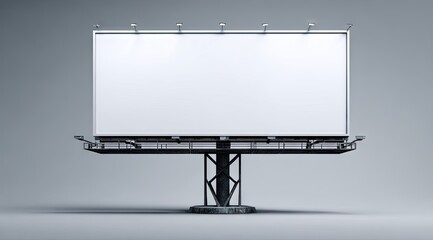 A large, blank billboard on a grey background, mounted on a sturdy metal structure with lights at the top