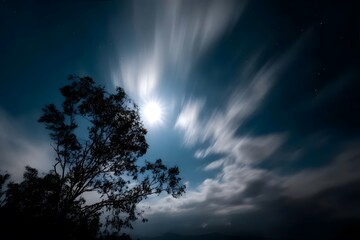 Fototapeta premium Moonlit sky with clouds and tree silhouette.
