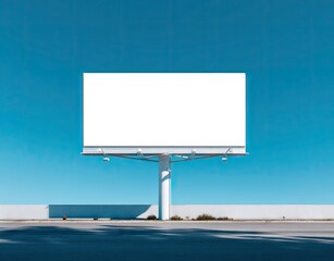 A large, blank billboard stands against a vibrant blue sky.  A low wall and shadowed ground are visible at the base