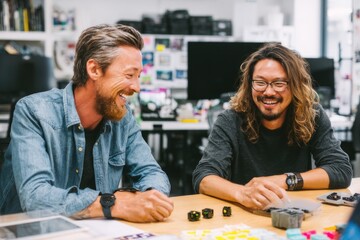 Fototapeta premium Two co founders reviewing product prototypes on a desk, discussing ideas.