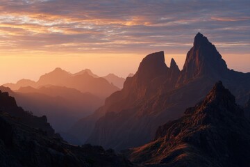 Dramatic mountain range at sunset. Silhouetted peaks bathed in warm, golden light. Misty valleys and ridges. A tranquil, epic landscape