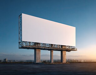 A large, blank billboard stands on sturdy concrete pillars against a twilight sky, overlooking a flat, urban landscape