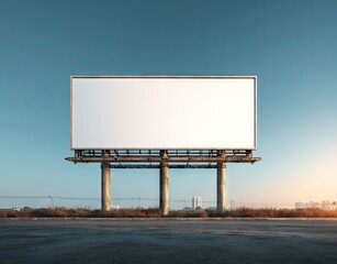 A large blank billboard stands on weathered pillars against a clear twilight sky, overlooking a desolate roadside