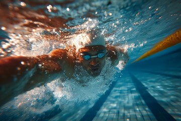 Swimmer in pool, underwater, dynamic motion, bright lighting