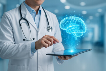 AI generated digital illustration of doctor using tablet projecting 3D holographic human brain glowing with data streams symbolizing neurology diagnosis innovation and healthcare technology