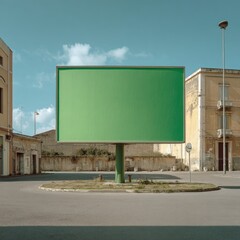 A large, blank, green billboard stands in a desolate, sun-drenched square between two aged, pale yellow buildings under a mostly clear sky