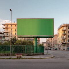 A large, blank green billboard stands at a street corner between apartment buildings under a pale sky; a quiet street scene