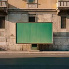 A large, blank, green billboard stands on a city street against a weathered stone building facade in warm sunlight