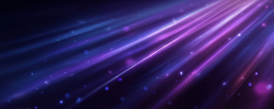 Abstract background of vibrant purple and blue light rays, with glowing particles