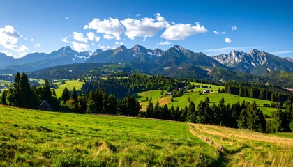 Obraz premium Lush valley, mountain range panorama