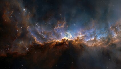 Fototapeta premium Cosmic nebula, swirling hues of orange, brown, blue, and dark. Stars scattered throughout