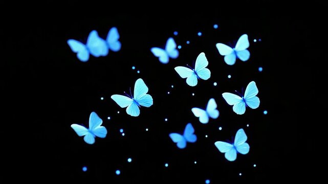 Elegant blue butterflies flitting gently on black background conveying peace and serenity animation
