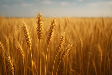 golden barley stalks in sunny farmland field