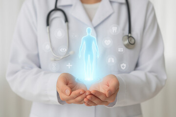AI generated futuristic medical scene showing doctor holding glowing blue human body hologram with digital health icons symbolizing trust innovation and advanced healthcare