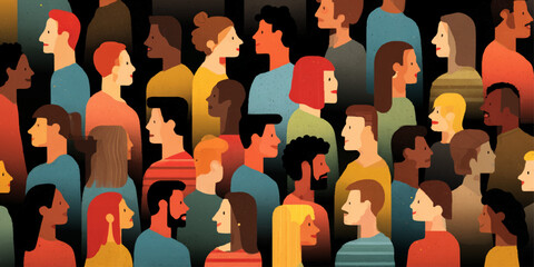 a group of people arranged closely together in a vibrant, cartoonish style