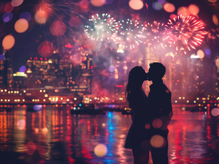 Romantic couple kissing at midnight with fireworks, city skyline background,