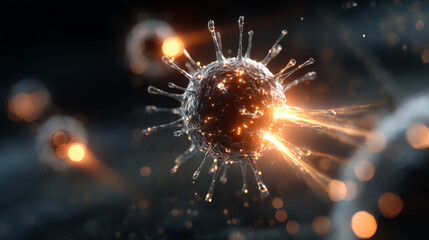 Fototapeta premium lowing biological cells or viruses emitting radiant energy and light trails in a dark fluidic environment
