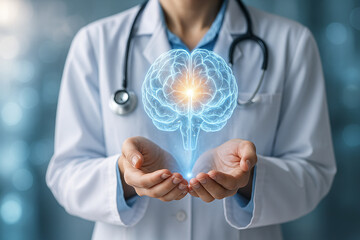 AI generated doctor holding glowing 3D holographic brain symbolizing neurology research medical innovation and the fusion of healthcare and digital technology