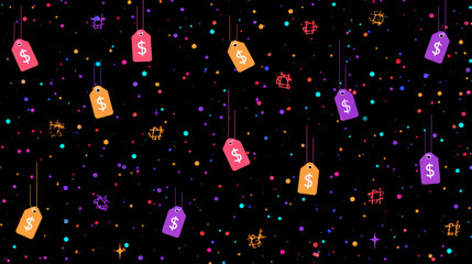 black glitter background with confetti bursts and floating price tags