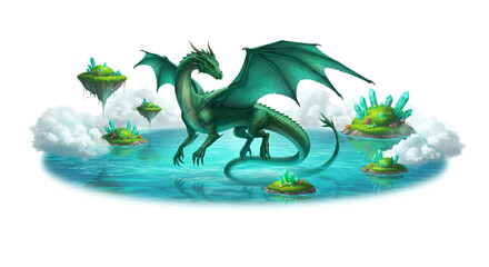 Mythical Green Dragon Sitting on Water Surrounded by Floating Islands with Crystals and Vegetation Fantasy Scene