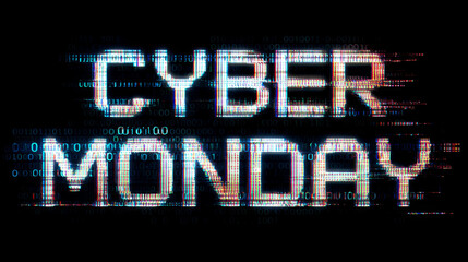 distorted title CYBERMONDAY with pixel glitches and floating code on a dark screen