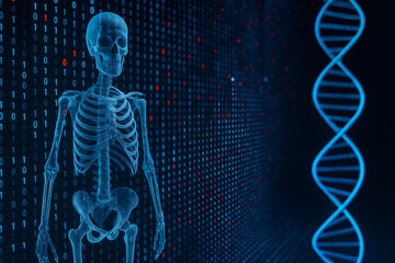 AI generated futuristic concept showing transparent human skeleton with binary code and glowing DNA helix symbolizing bioinformatics digital healthcare genomics and precision medicine innovation