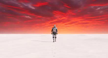 Astronaut Standing in White Desert Under Dramatic Red Clouded Sunset Sky