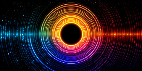 Neon rainbow data tunnel with concentric glowing rings and scrolling code