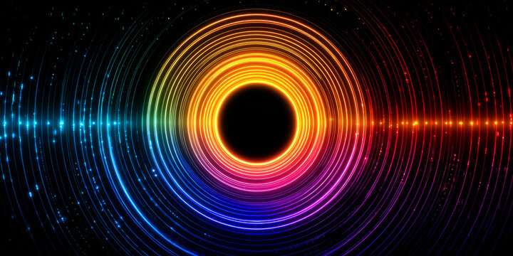 Neon rainbow data tunnel with concentric glowing rings and scrolling code