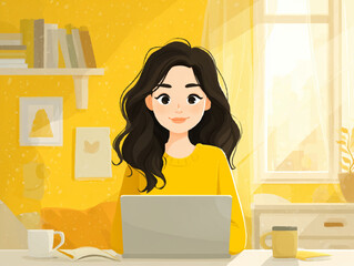 a young woman sitting at a desk using a laptop, smiling brightly.