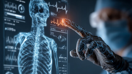 surgeon navigating a holographic patient chart with vital