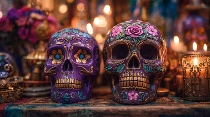 skulls, candles, and marigolds in honor of the festive Day of the Dead celebration.