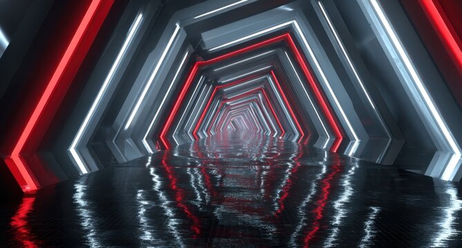 Futuristic tunnel with red and white neon lights, hexagonal structures, and mirrored floor