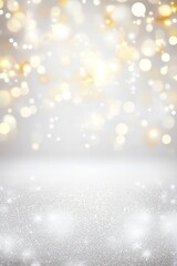 white New Year background filled with shimmering bokeh lights and white tones.