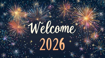 Magical New Year's Eve Sky with Fireworks and "2026 welcome" Text