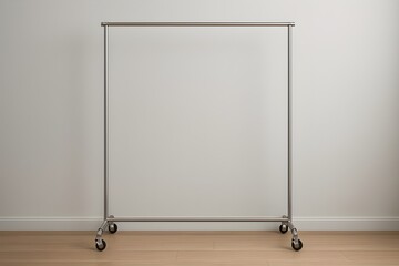 empty clothing rack with metal frame on wheels