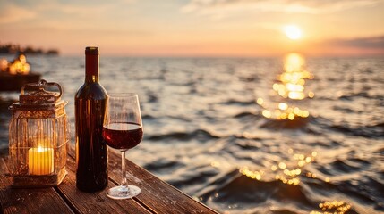 Wine bottle and glass on a wooden dock at sunset.