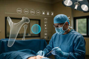 AI generated ultra realistic scene of surgeon performing operation with holographic hip bone projection in modern operating room using advanced futuristic medical technology