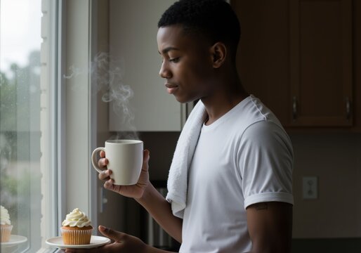 Young african american man holding steaming mug and cupcake looking out kitchen window, relaxed morning breakfast. - Powered by Adobe