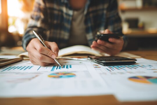 Young entrepreneur planning startup finances, working on spreadsheet and charts at home office, smartphone and notebook on desk, realistic photography
