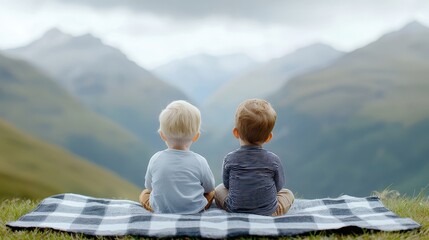 Two children sit on a blanket, gazing at a stunning mountainous landscape beneath a cloudy sky.