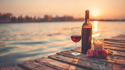 Romantic sunset by the water with wine and roses.
