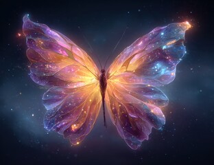 Glowing, ethereal butterfly with iridescent wings, set against a dark starry background